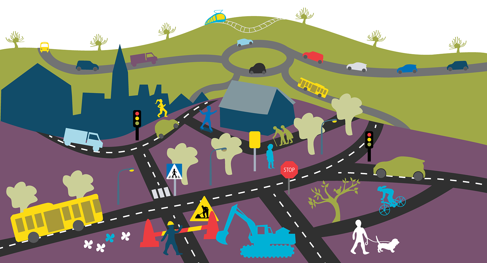 Illustration över trafikkaos, med bilköer och arbetsfordon.