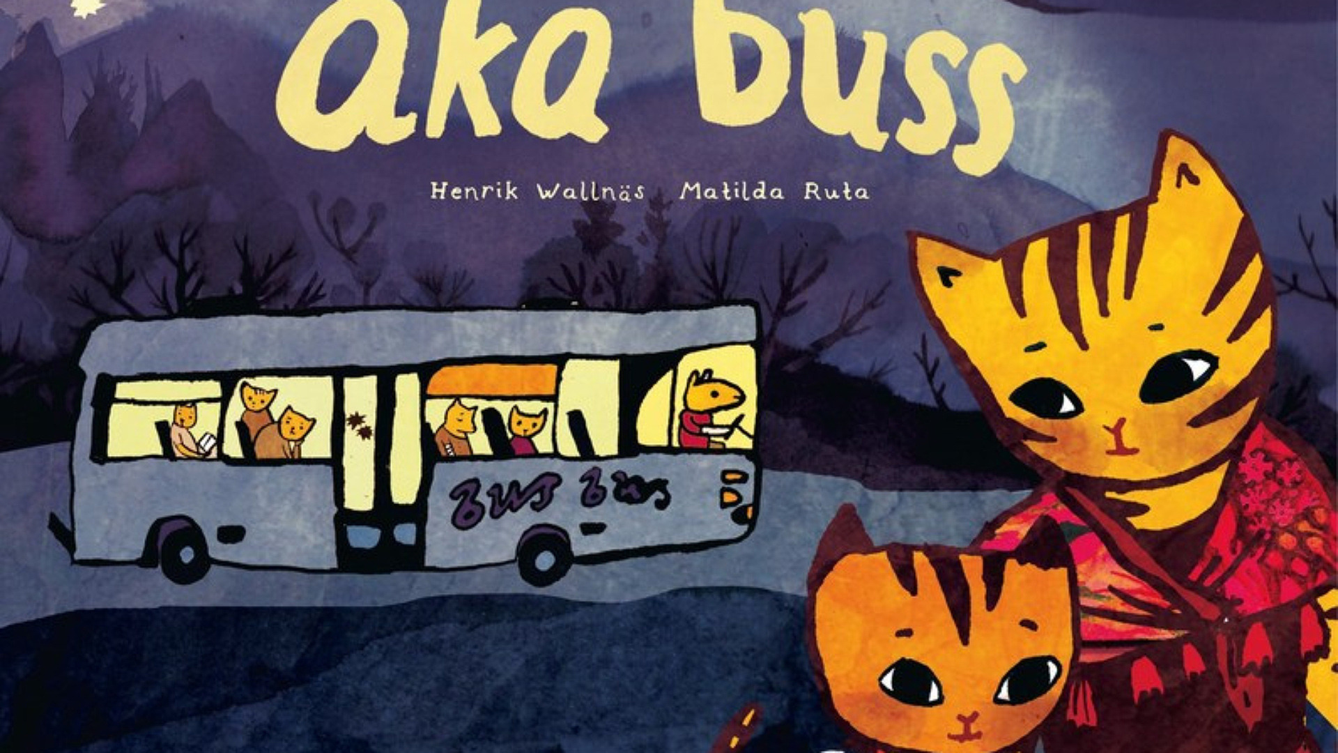Framsida av bilderboken Åka buss, med två animerade katter och en grå buss i bakgrunden.