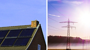 En delad bild som visar ett hustak med solceller och en kraftledning