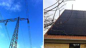 Bilden visar en kraftledning och ett hus med solceller på taket