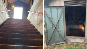 Två bilder visar ingång till bunkern där en grön ytterdörr är öppen på en bild och den andra visar en lång trappa ner mot bunkern.