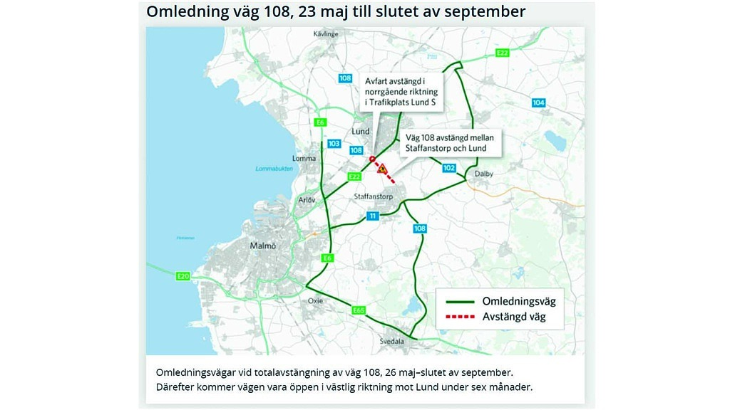 skärmdump över omledningsvägar under arbetet på 108.